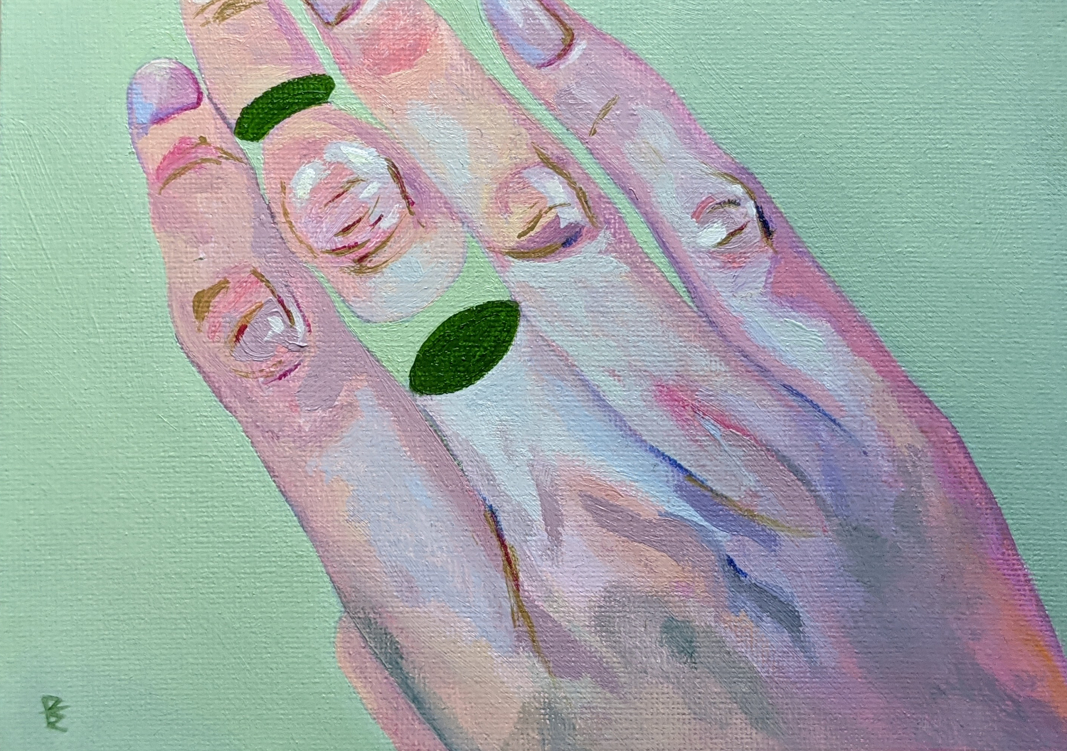 Knock. Oil on canvas board, 12.7 x 17.78cm. Rapping on wood, for entry or luck.